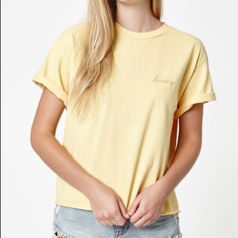 John Galt Brandy Melville Yellow 'Honey' Graphic T-Shirt Embroidered baby tee